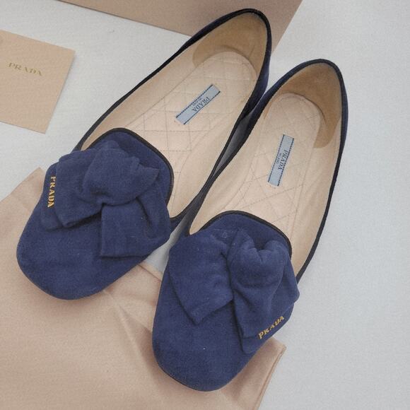 Prada Blue Suede Flat Shoes loafers flats Sz EU 38 US7.5 Camoscio Bicolo - Picture 3 of 16